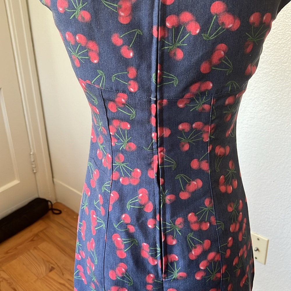 Bettie Page Las Vegas Blue Dress w Cherry Print and Pink Ribbons — Sz S - Picture 6 of 10